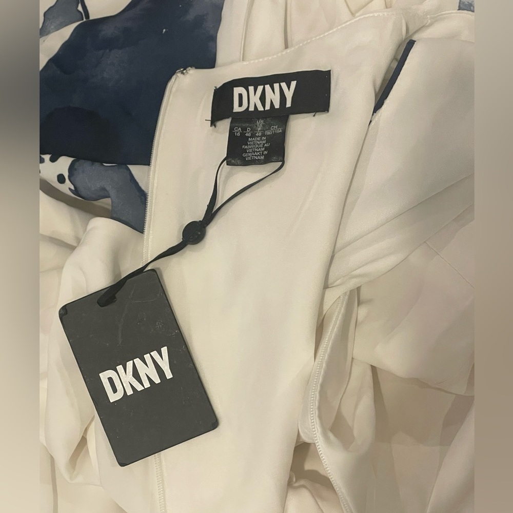 DKNY White & Blue Floral V-Neck Drapey Crepe Dress 16 - Picture 7 of 9